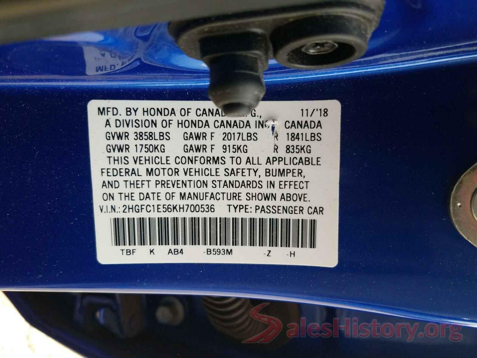 2HGFC1E56KH700536 2019 HONDA CIVIC