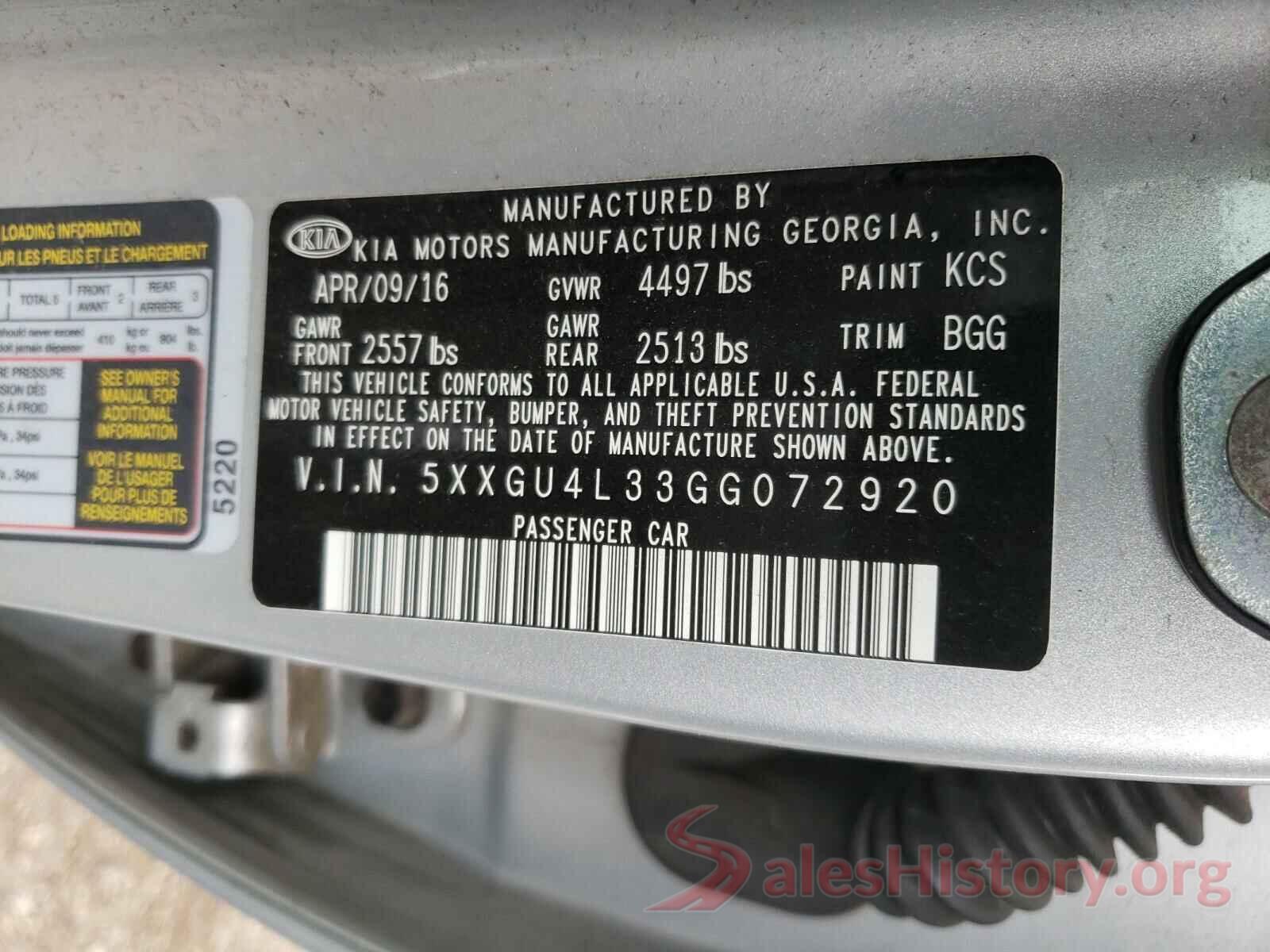 5XXGU4L33GG072920 2016 KIA OPTIMA