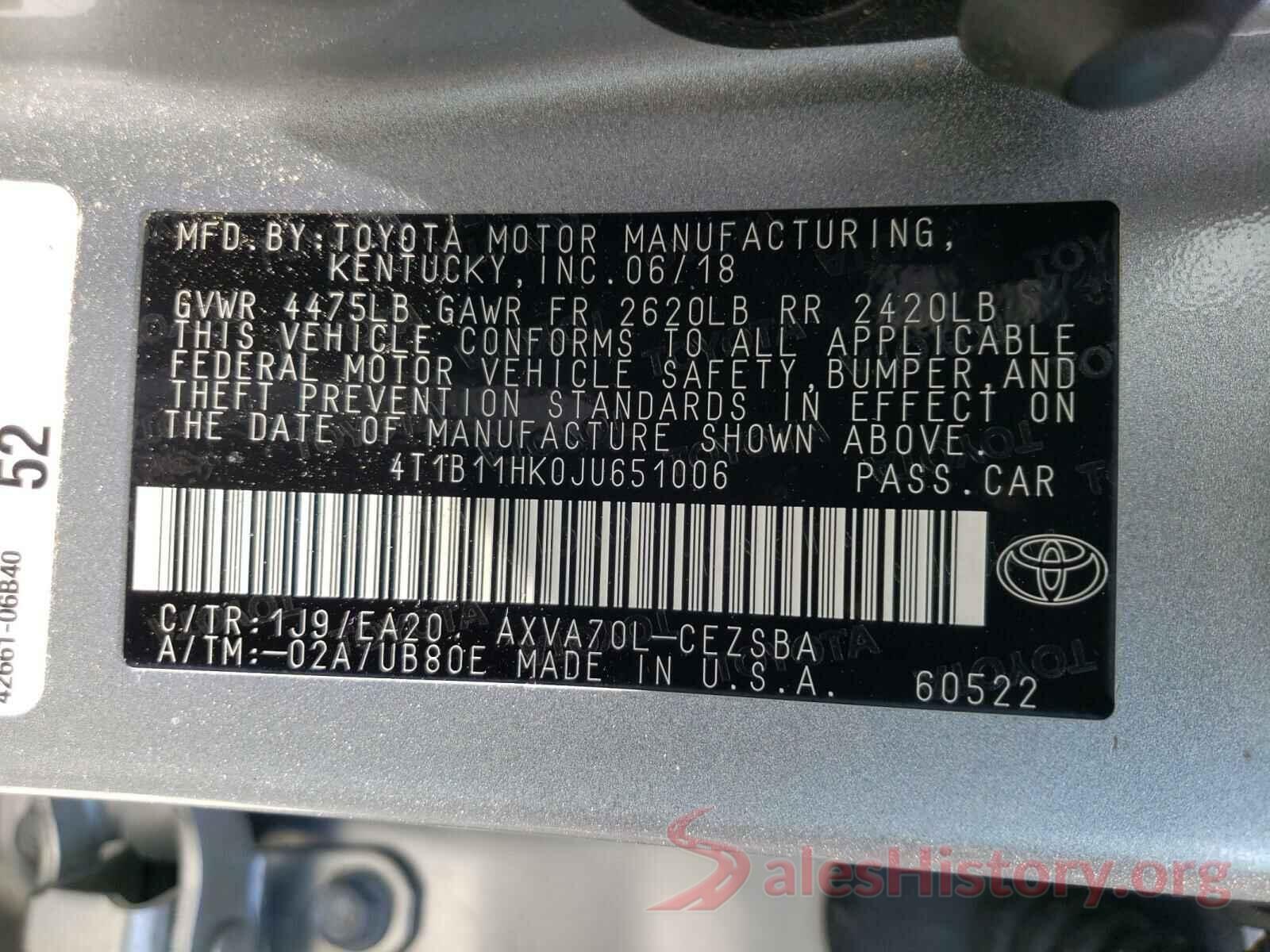 4T1B11HK0JU651006 2018 TOYOTA CAMRY