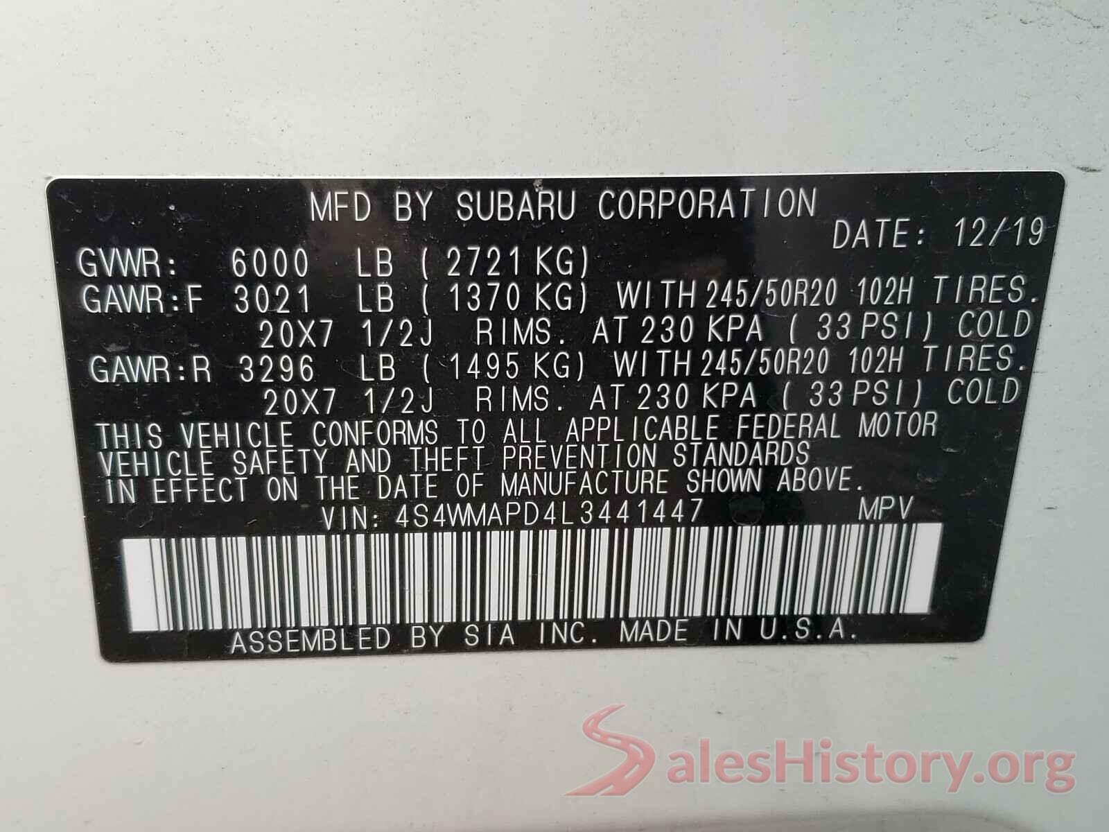 4S4WMAPD4L3441447 2020 SUBARU ALL MODESL