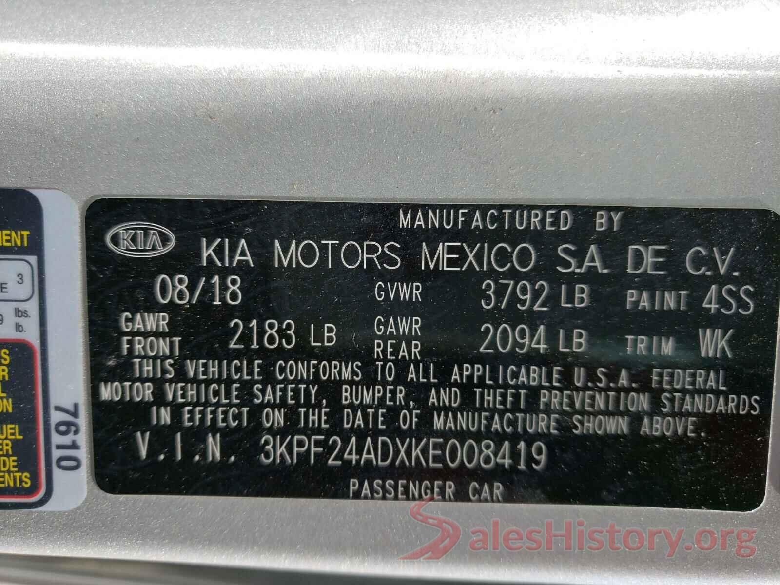 3KPF24ADXKE008419 2019 KIA FORTE