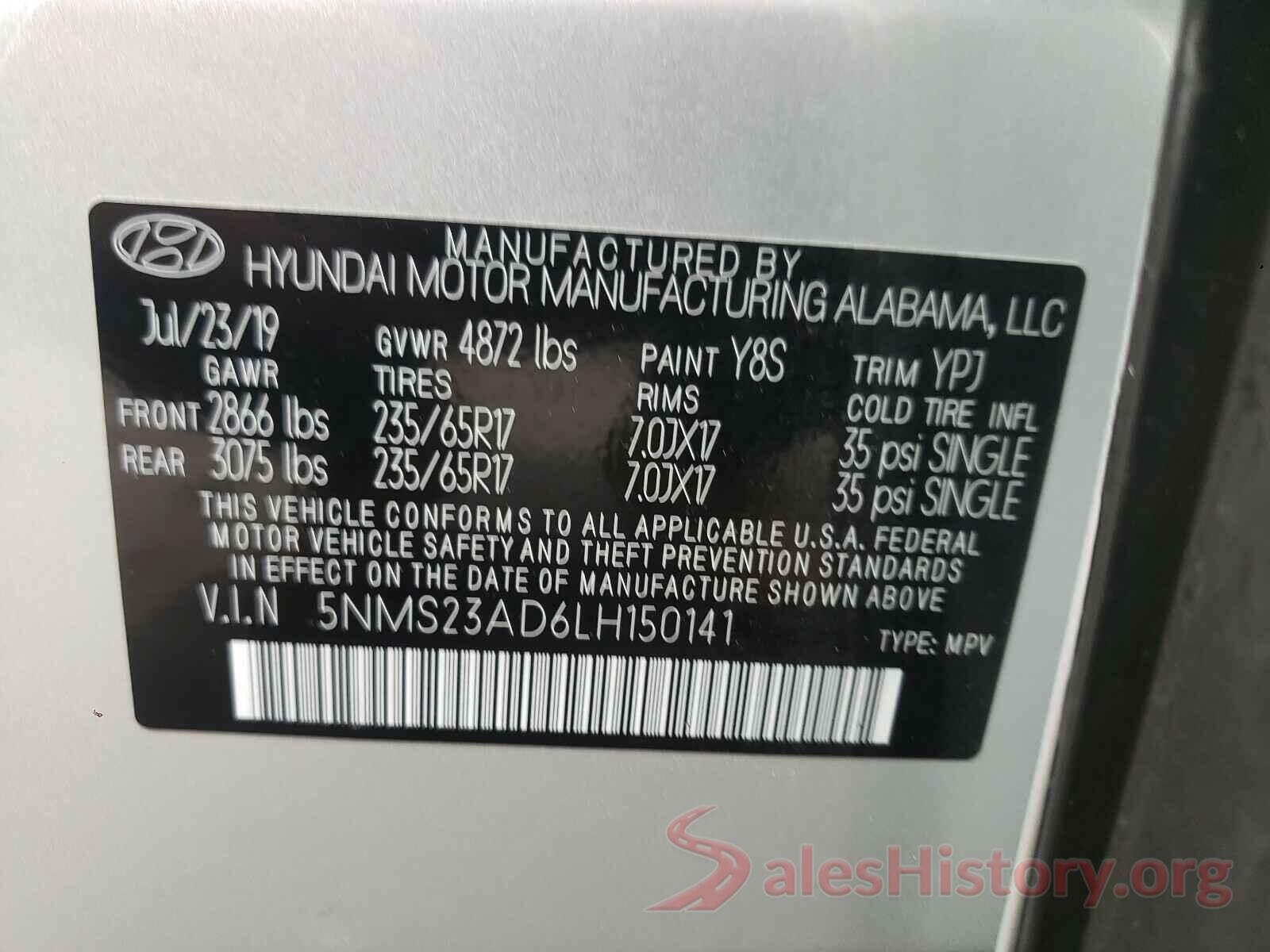 5NMS23AD6LH150141 2020 HYUNDAI SANTA FE