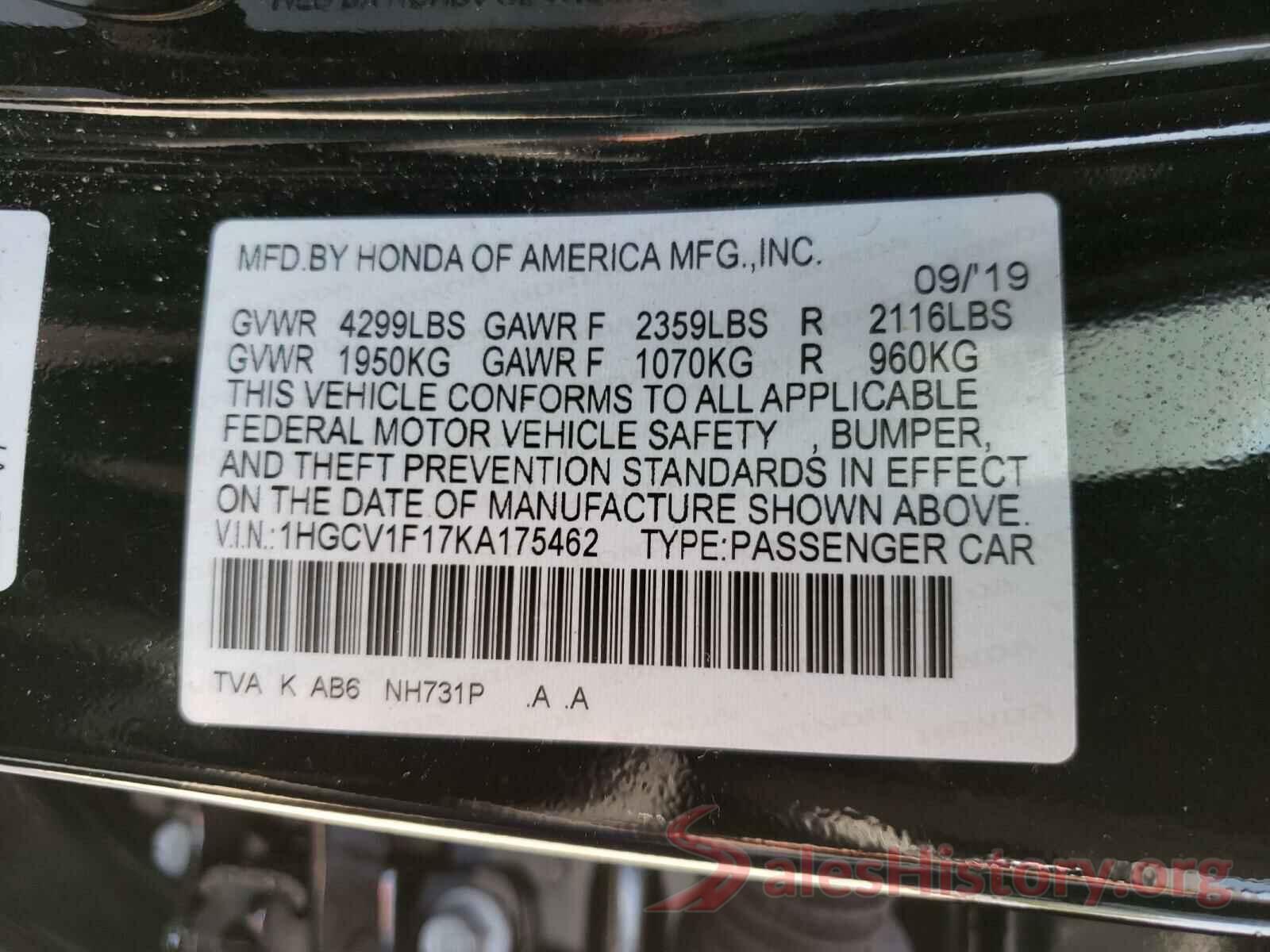 1HGCV1F17KA175462 2019 HONDA ACCORD