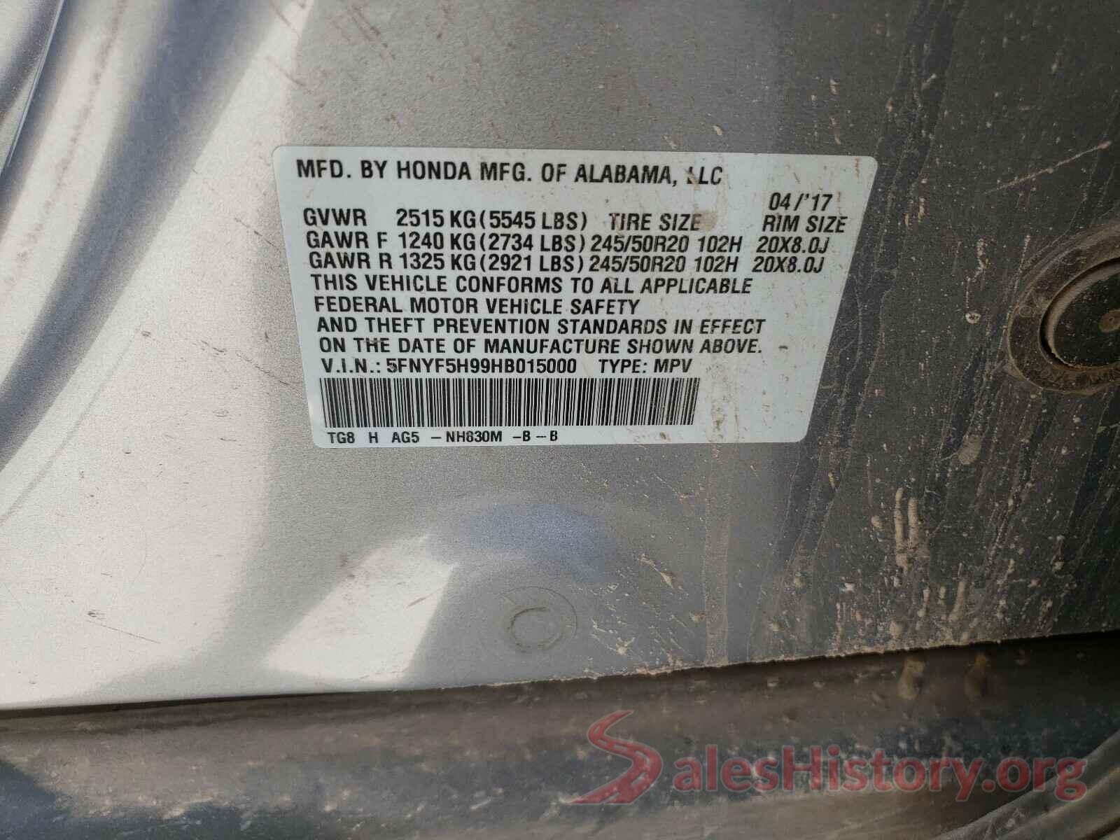 5FNYF5H99HB015000 2017 HONDA PILOT