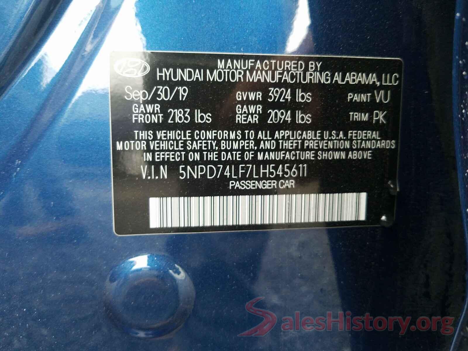 5NPD74LF7LH545611 2020 HYUNDAI ELANTRA