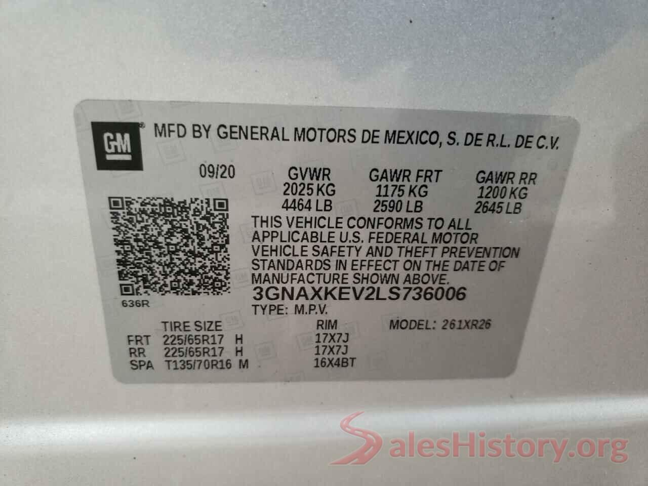 3GNAXKEV2LS736006 2020 CHEVROLET EQUINOX