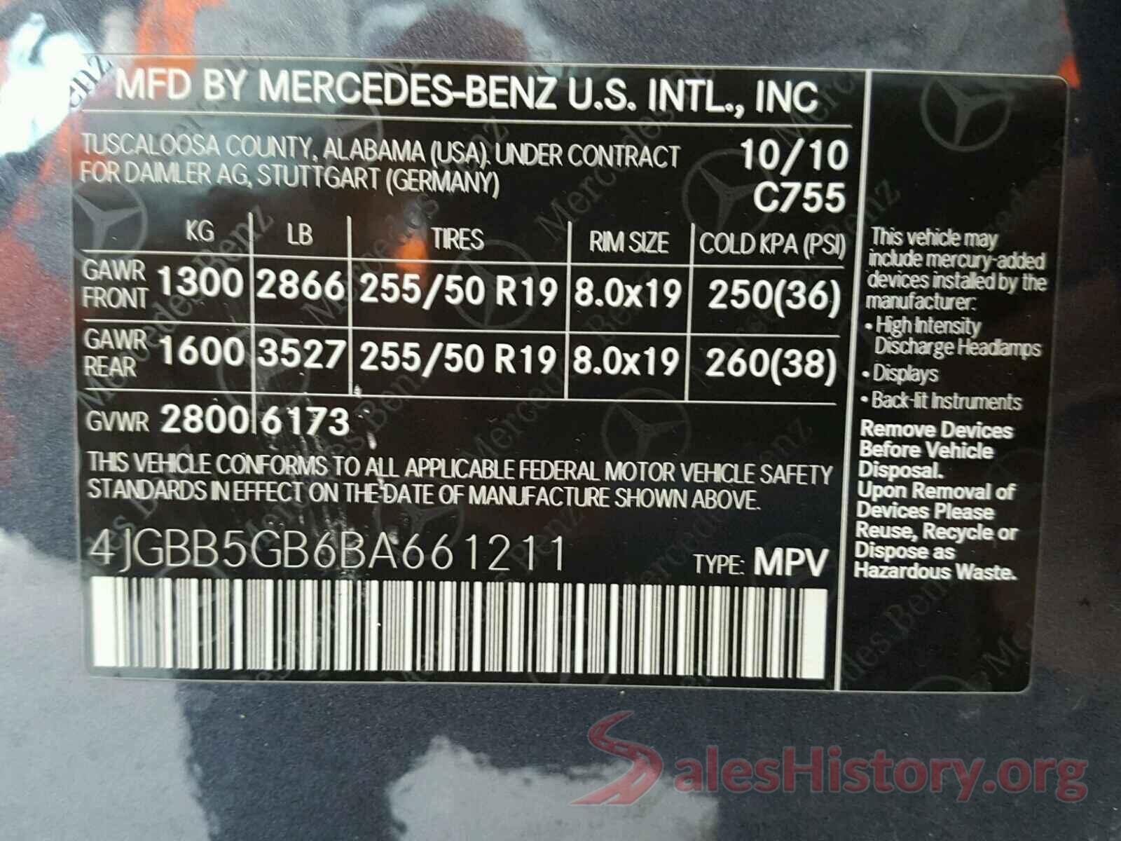 4JGBB5GB6BA661211 2011 MERCEDES-BENZ ML 350