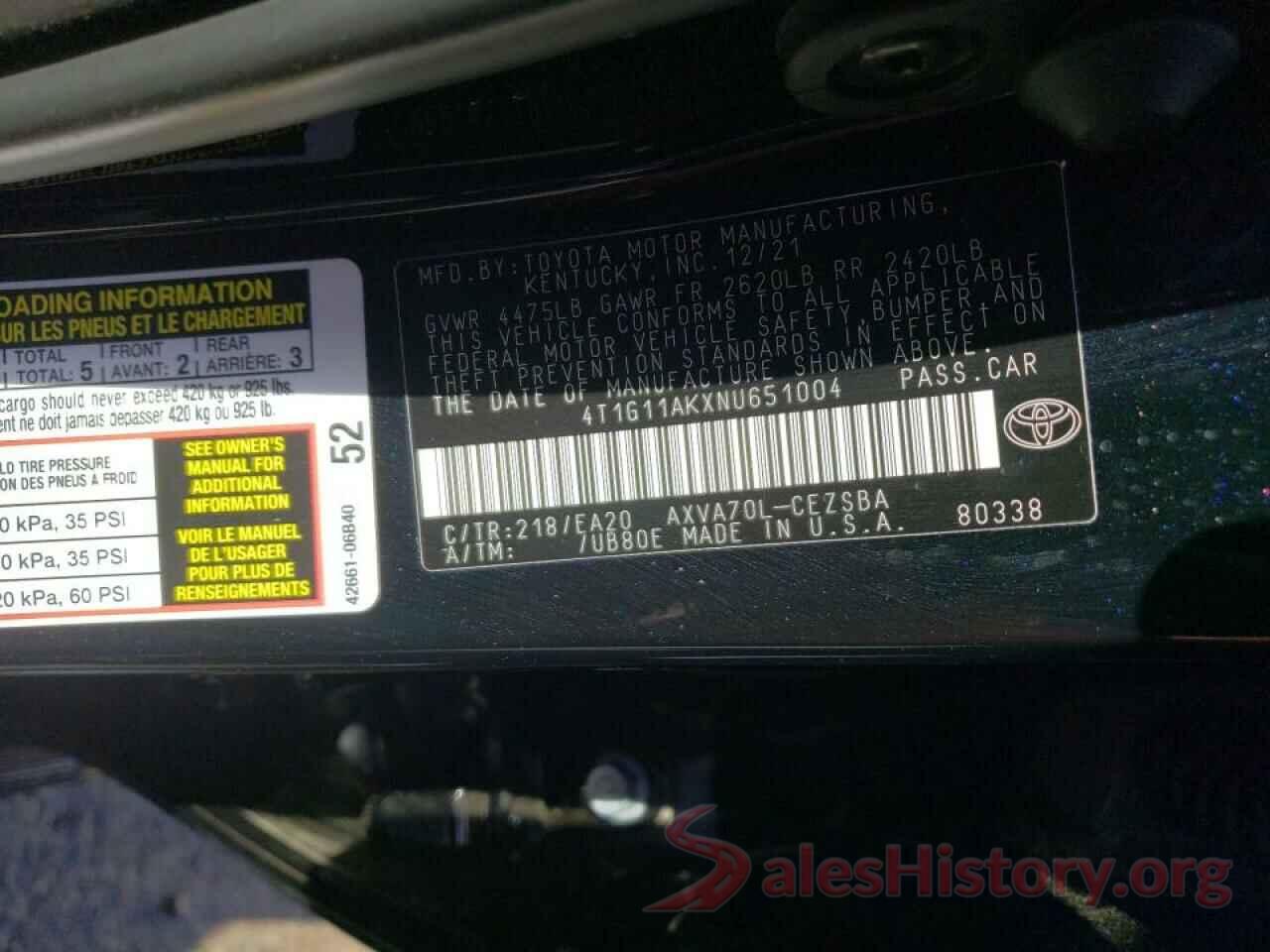 4T1G11AKXNU651004 2022 TOYOTA CAMRY