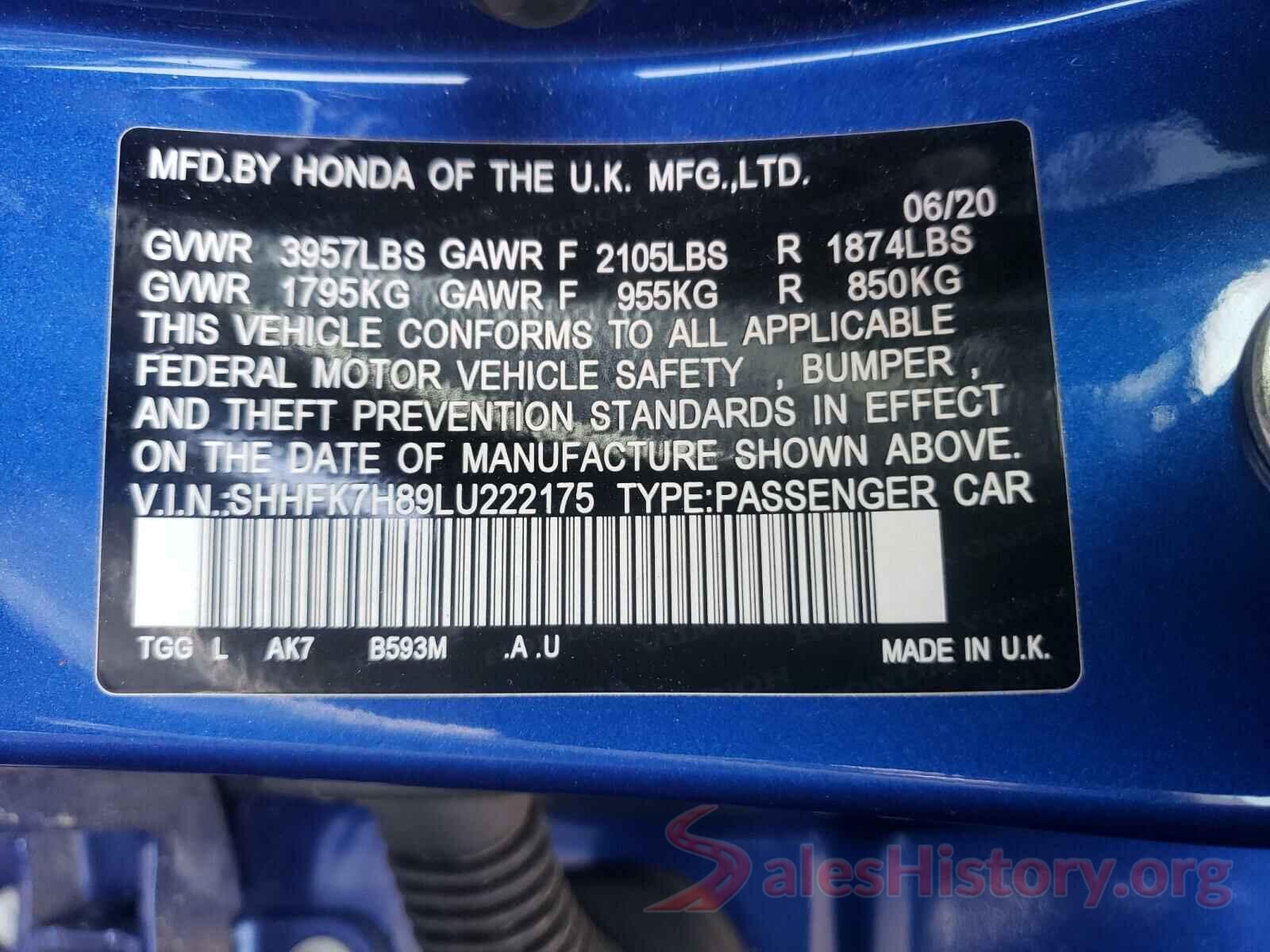 SHHFK7H89LU222175 2020 HONDA CIVIC