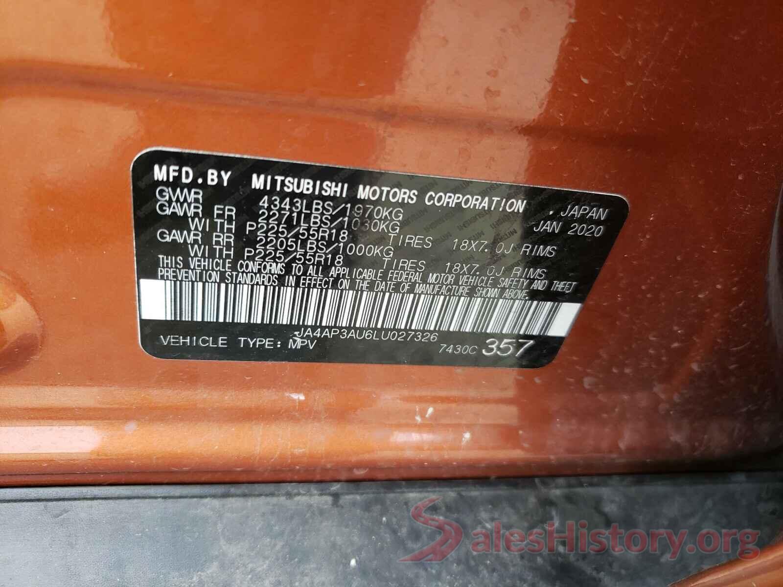 JA4AP3AU6LU027326 2020 MITSUBISHI OUTLANDER