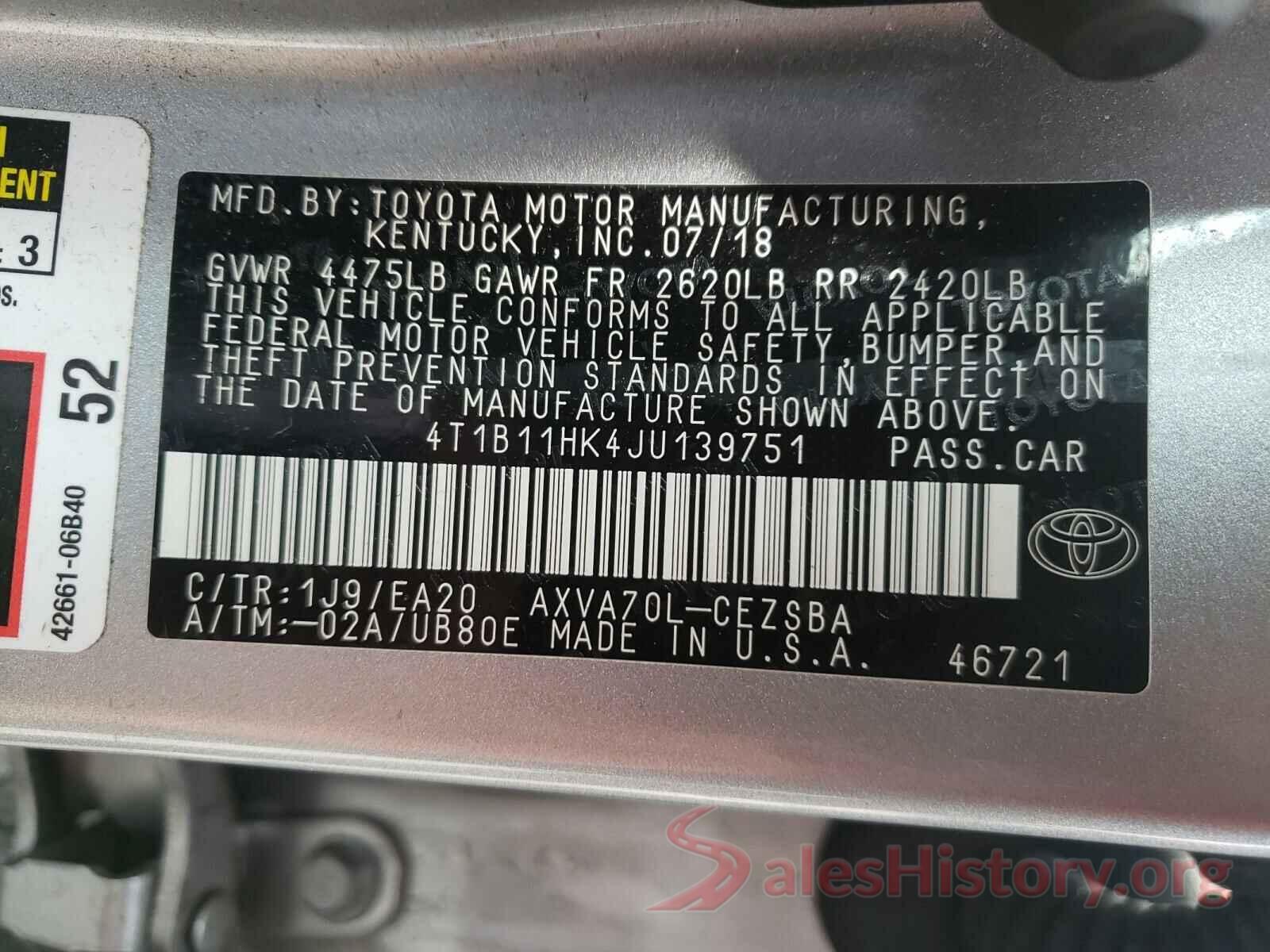 4T1B11HK4JU139751 2018 TOYOTA CAMRY