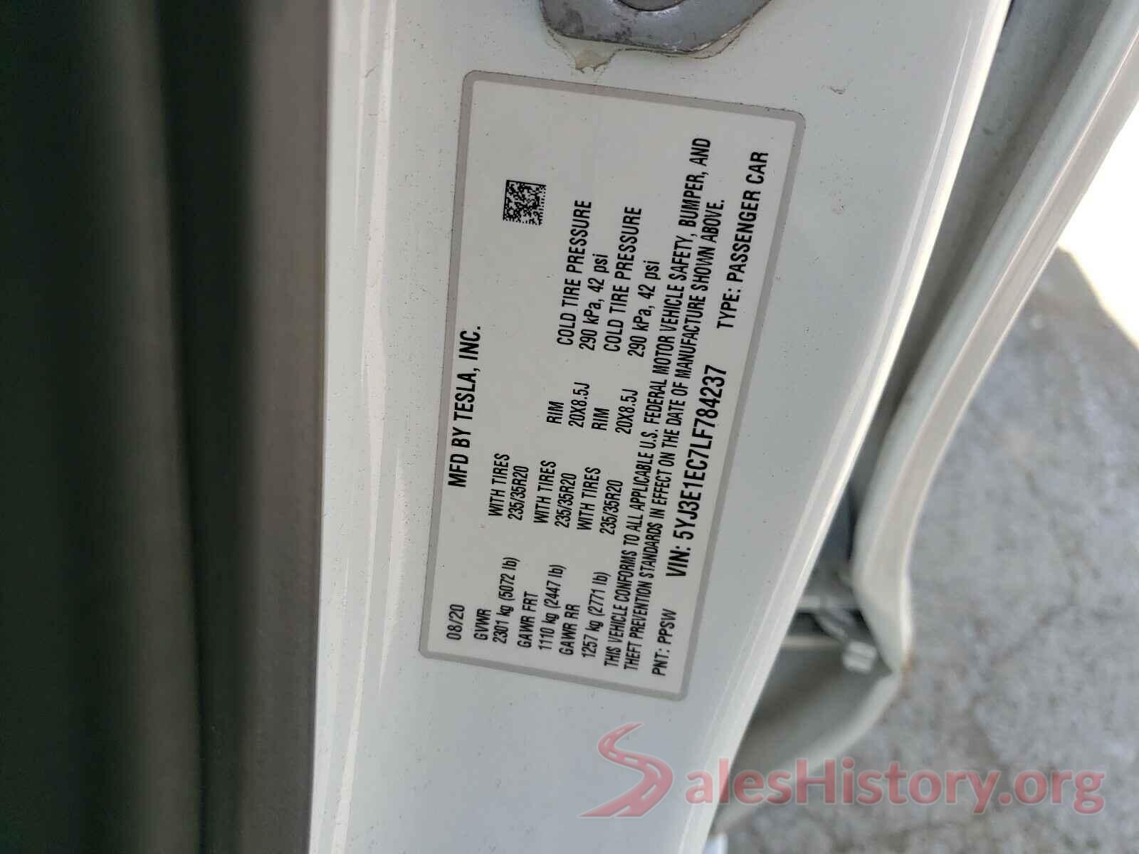 5YJ3E1EC7LF784237 2020 TESLA MODEL 3