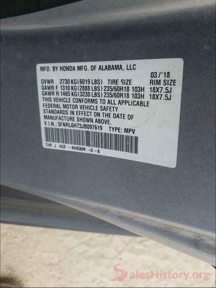 5FNRL6H73JB097619 2018 HONDA ODYSSEY