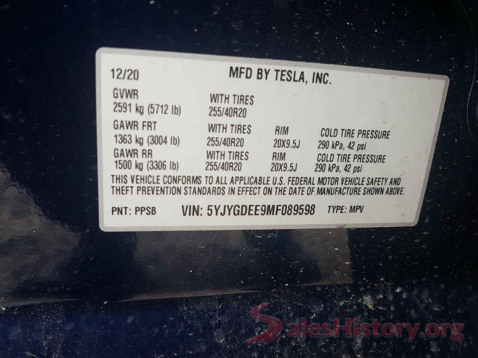 5YJYGDEE9MF089598 2021 TESLA MODEL Y