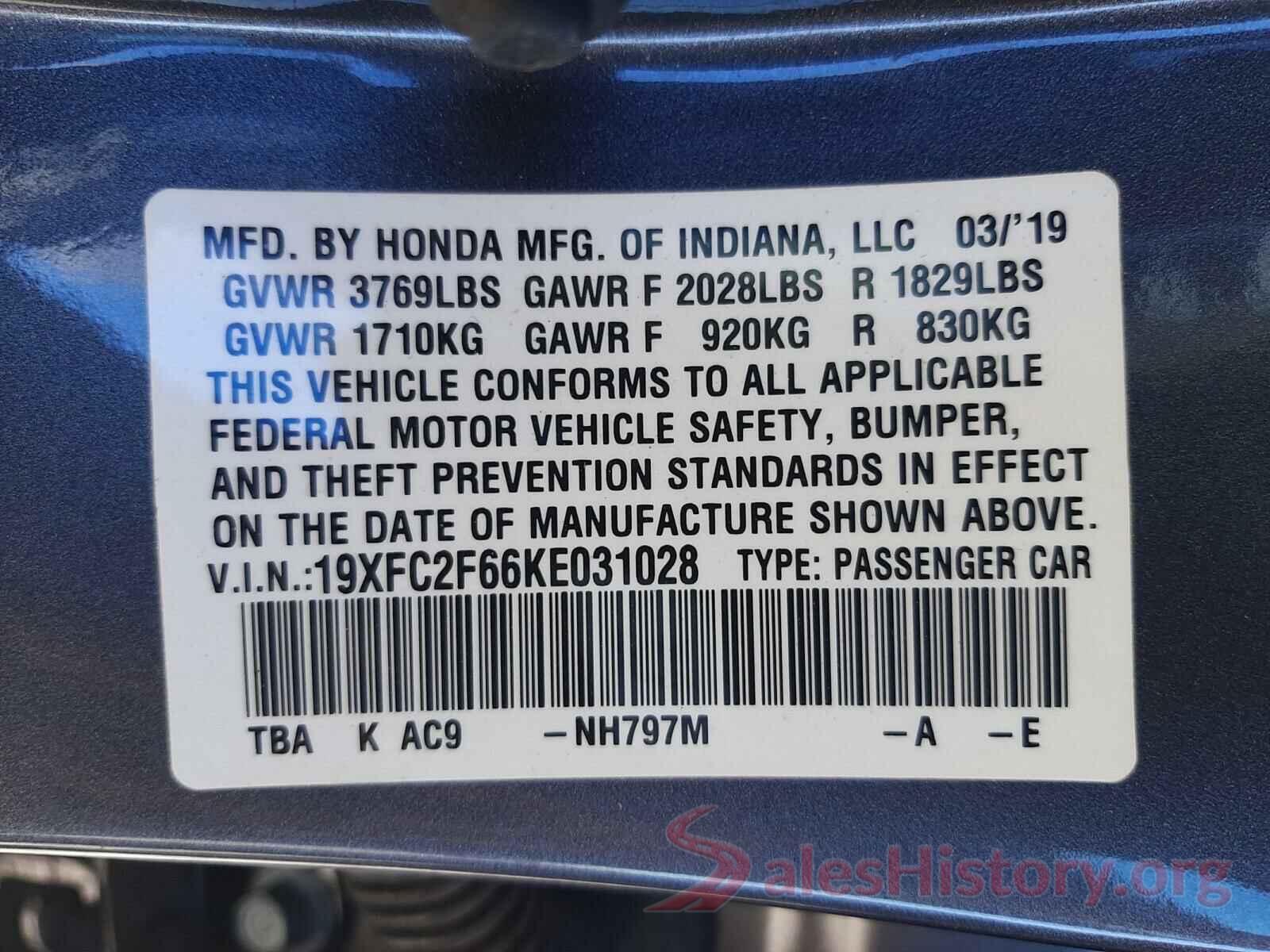 19XFC2F66KE031028 2019 HONDA CIVIC