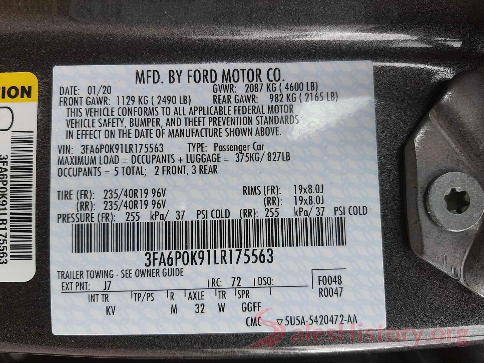 3FA6P0K91LR175563 2020 FORD FUSION