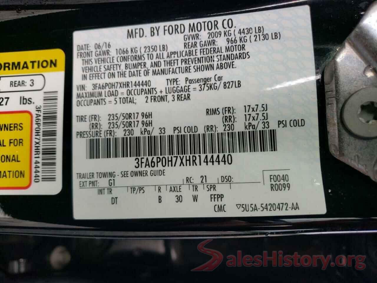 3FA6P0H7XHR144440 2017 FORD FUSION