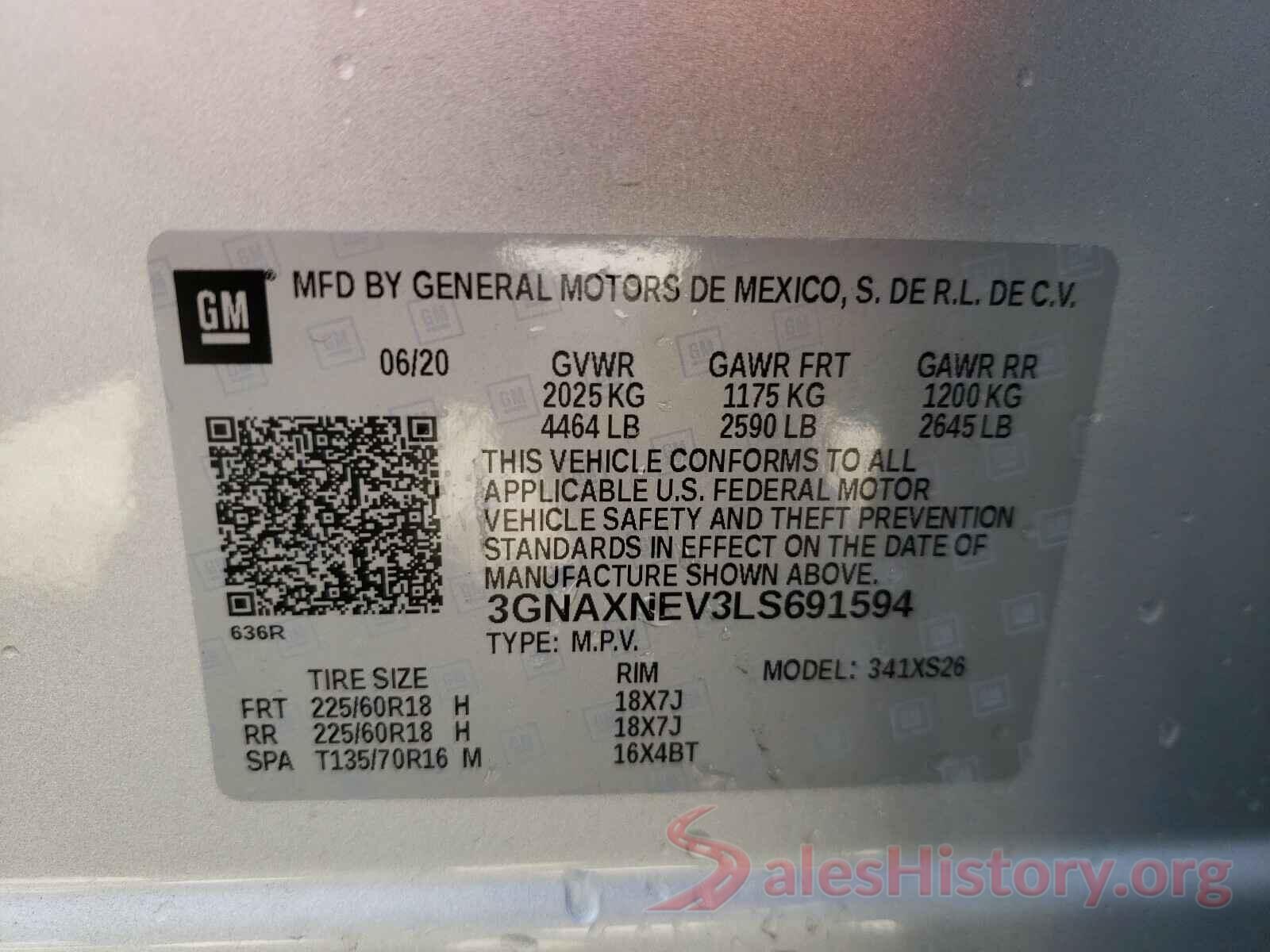 3GNAXNEV3LS691594 2020 CHEVROLET EQUINOX