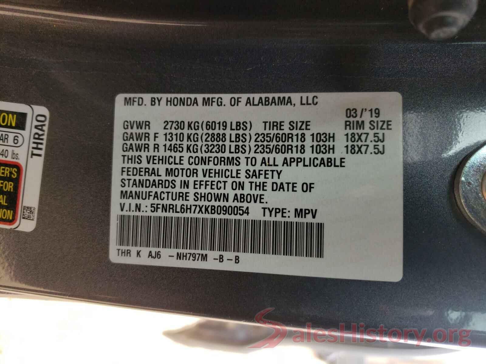 5FNRL6H7XKB090054 2019 HONDA ODYSSEY