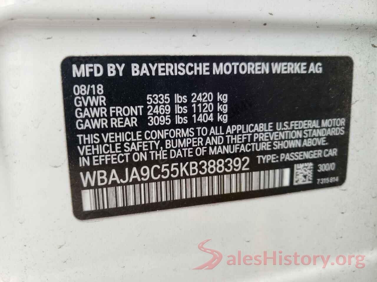 WBAJA9C55KB388392 2019 BMW 5 SERIES