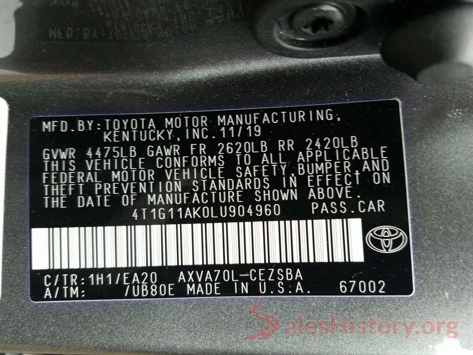 4T1G11AK0LU904960 2020 TOYOTA CAMRY