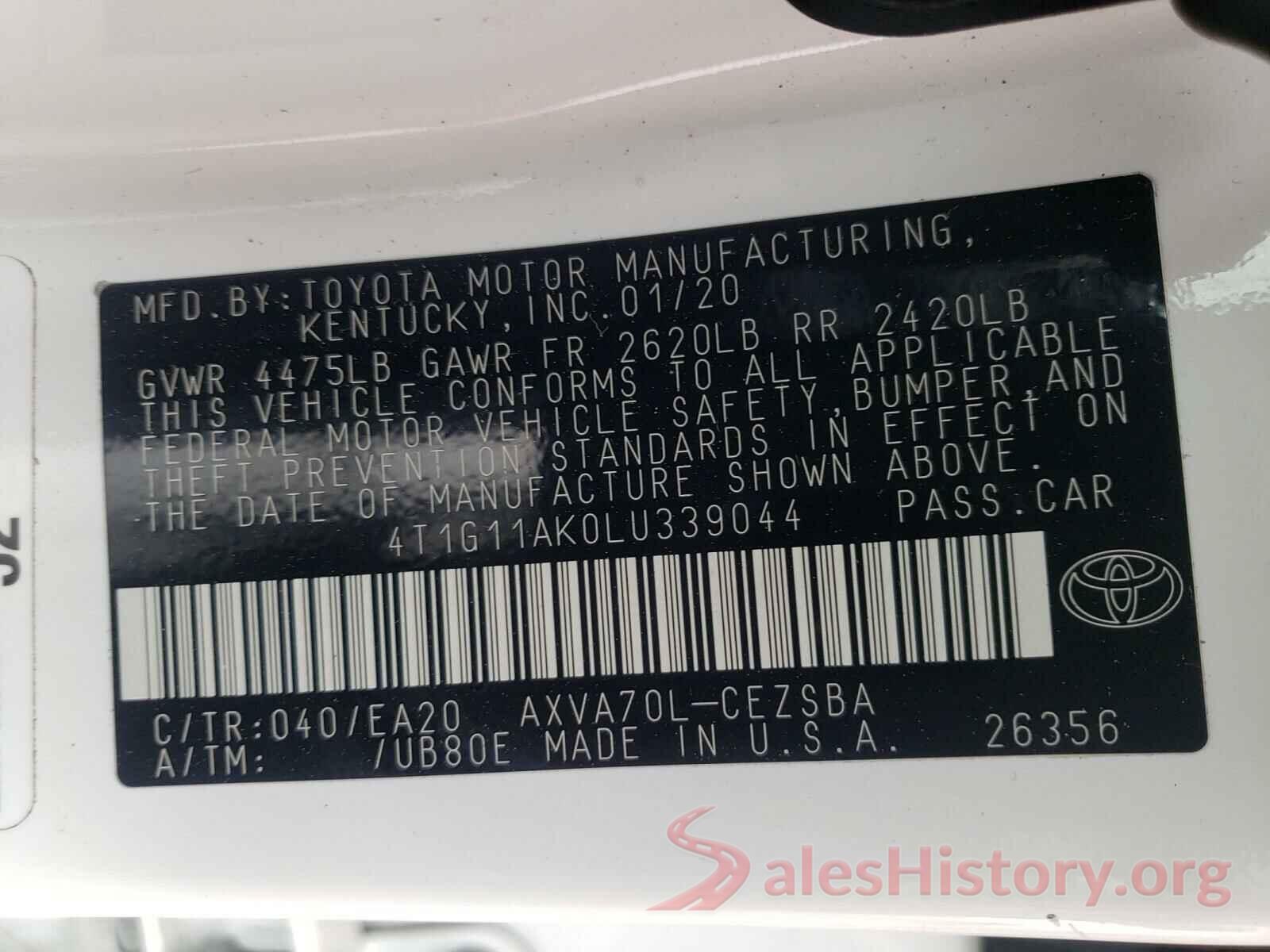 4T1G11AK0LU339044 2020 TOYOTA CAMRY