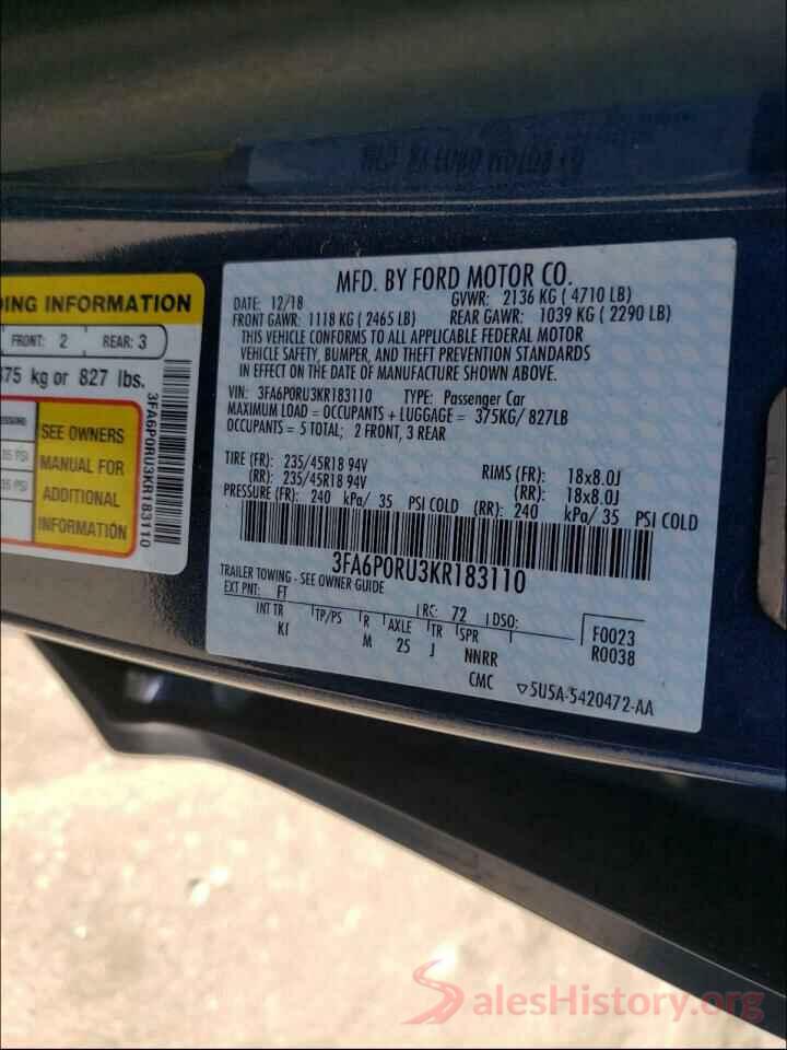 3FA6P0RU3KR183110 2019 FORD FUSION