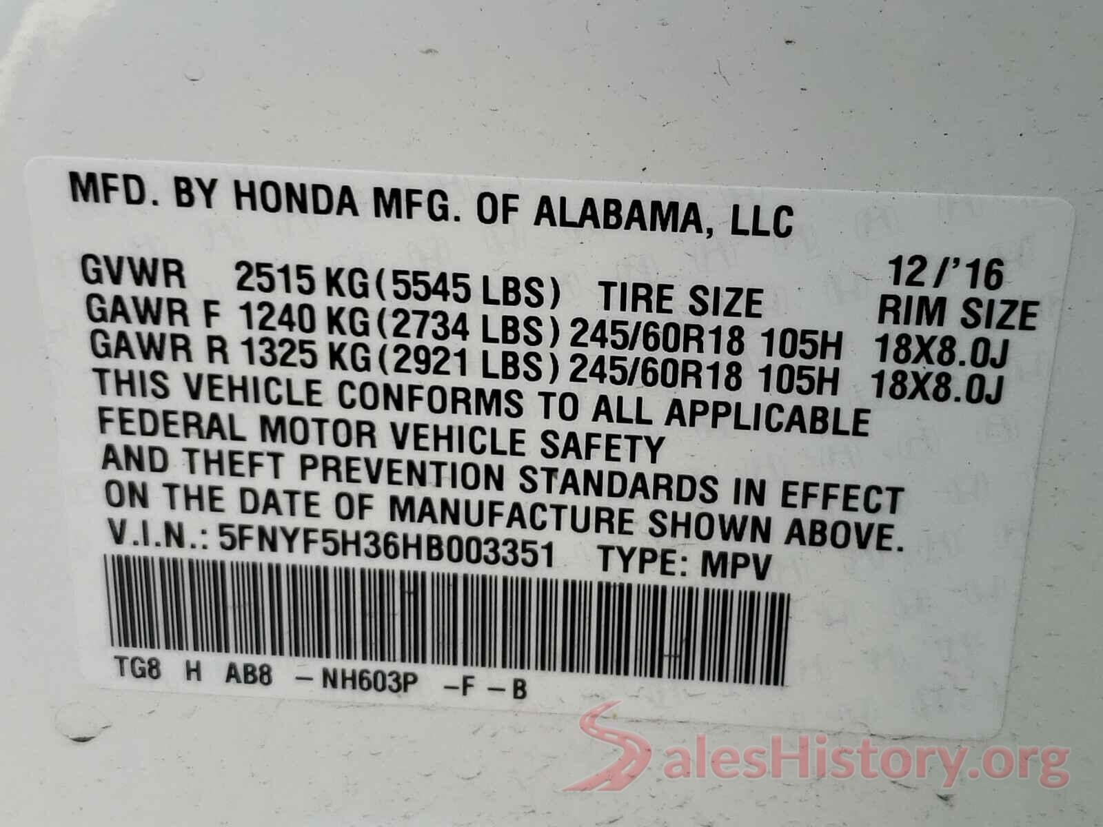 5FNYF5H36HB003351 2017 HONDA PILOT