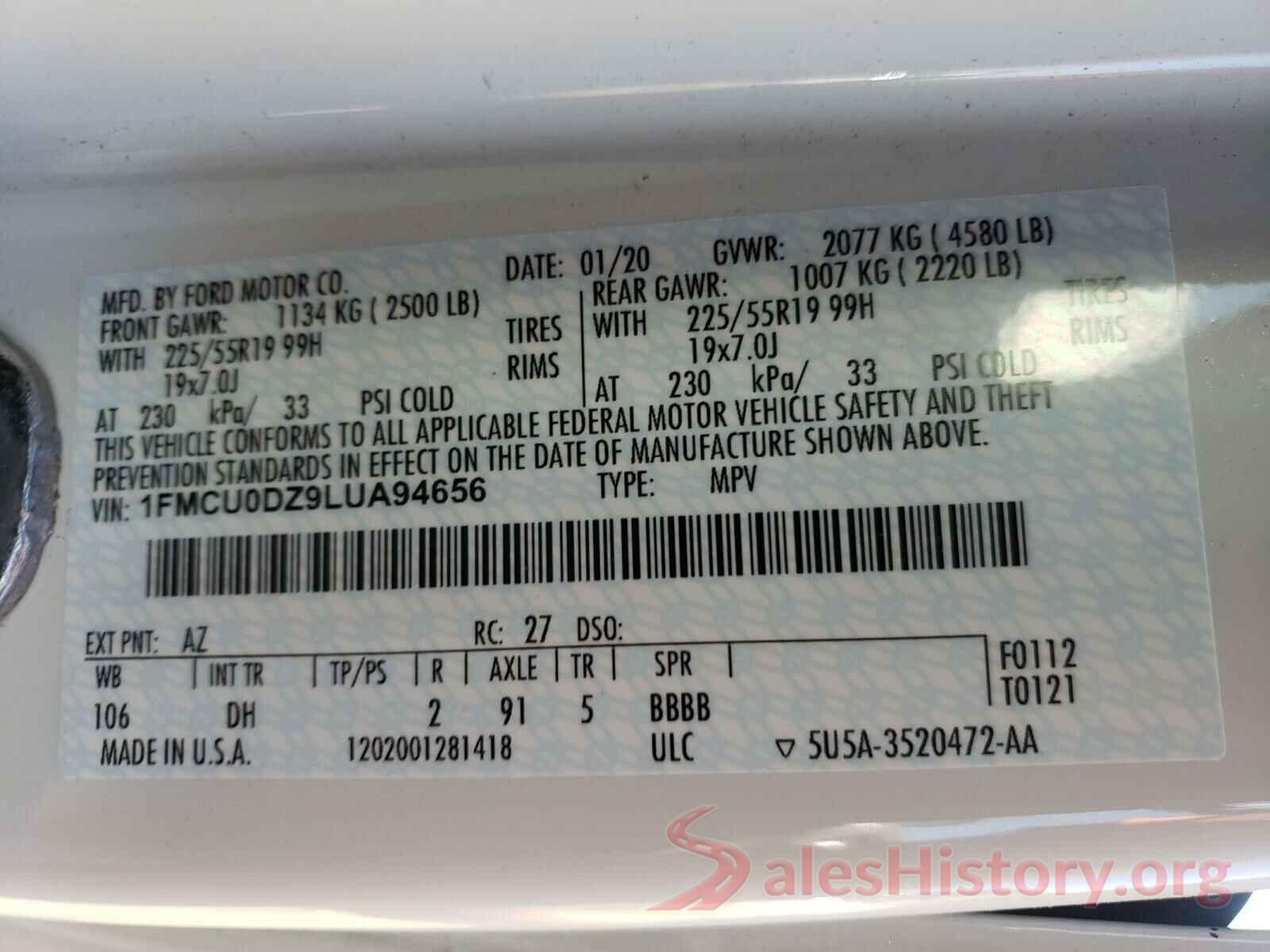 1FMCU0DZ9LUA94656 2020 FORD ESCAPE