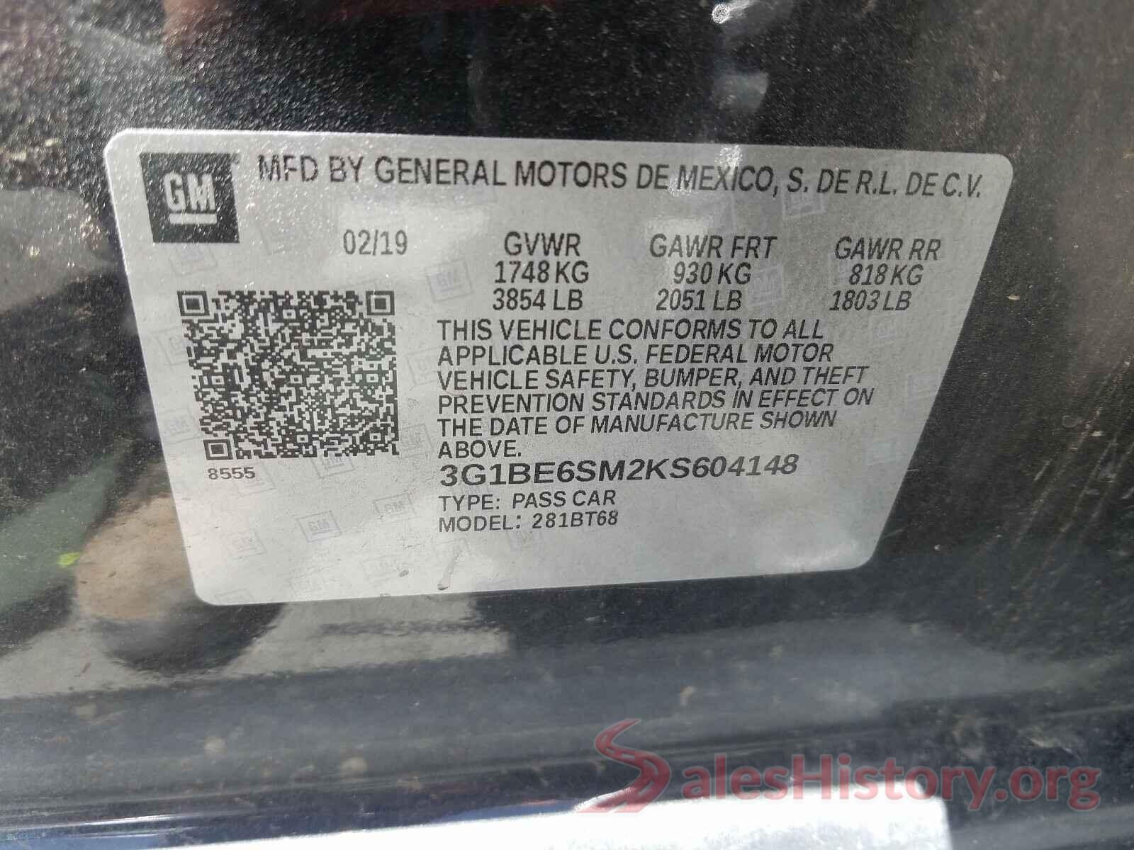 3G1BE6SM2KS604148 2019 CHEVROLET CRUZE