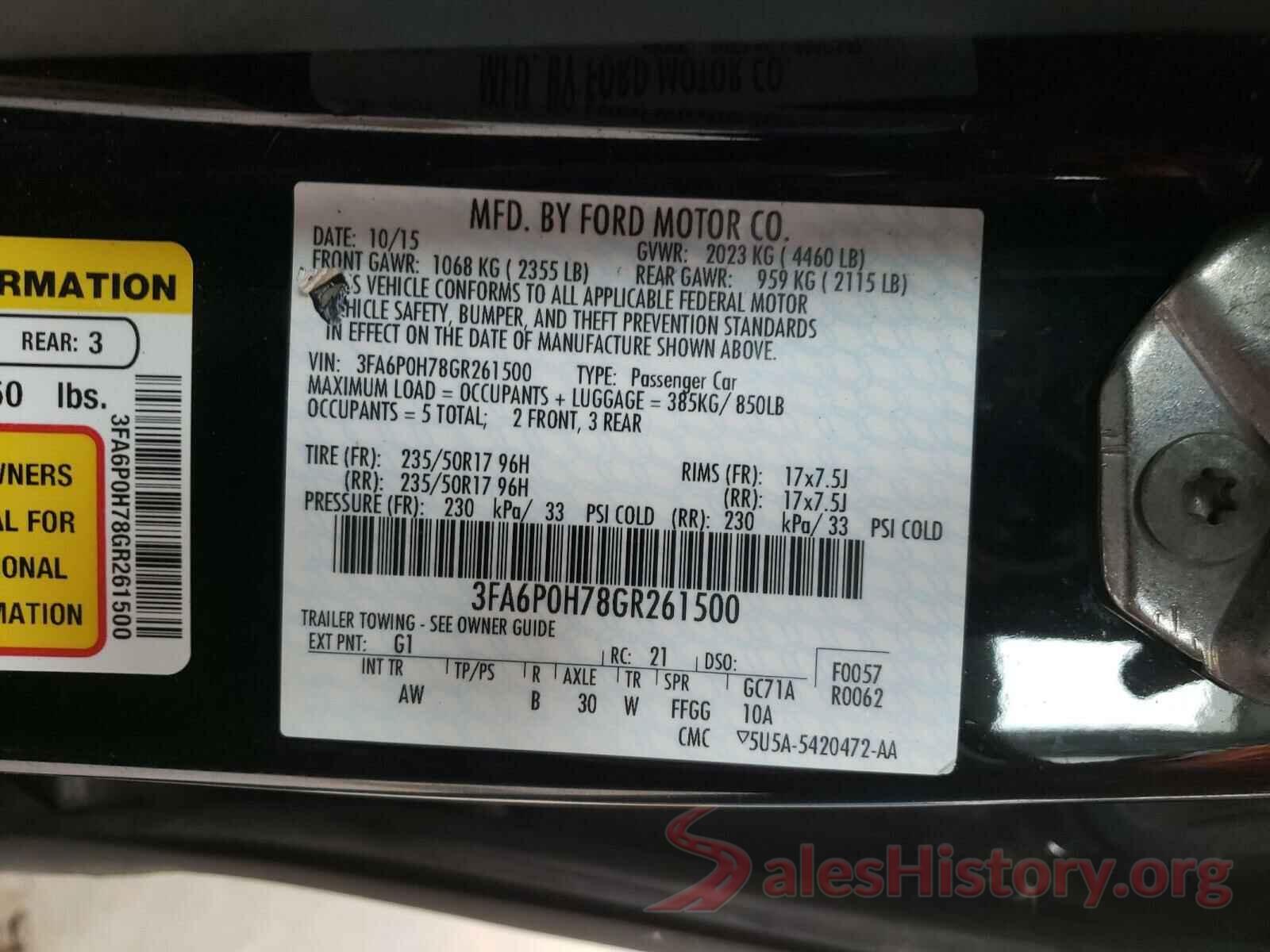 3FA6P0H78GR261500 2016 FORD FUSION