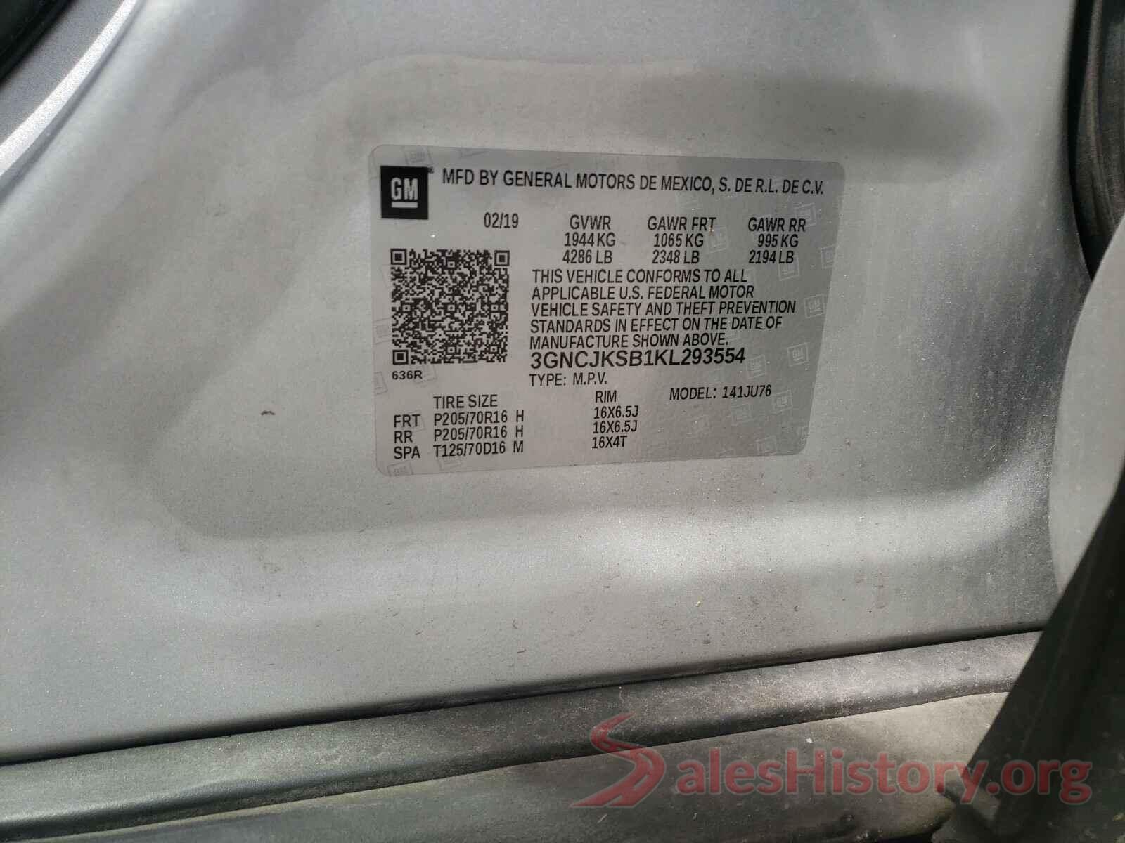 3GNCJKSB1KL293554 2019 CHEVROLET TRAX