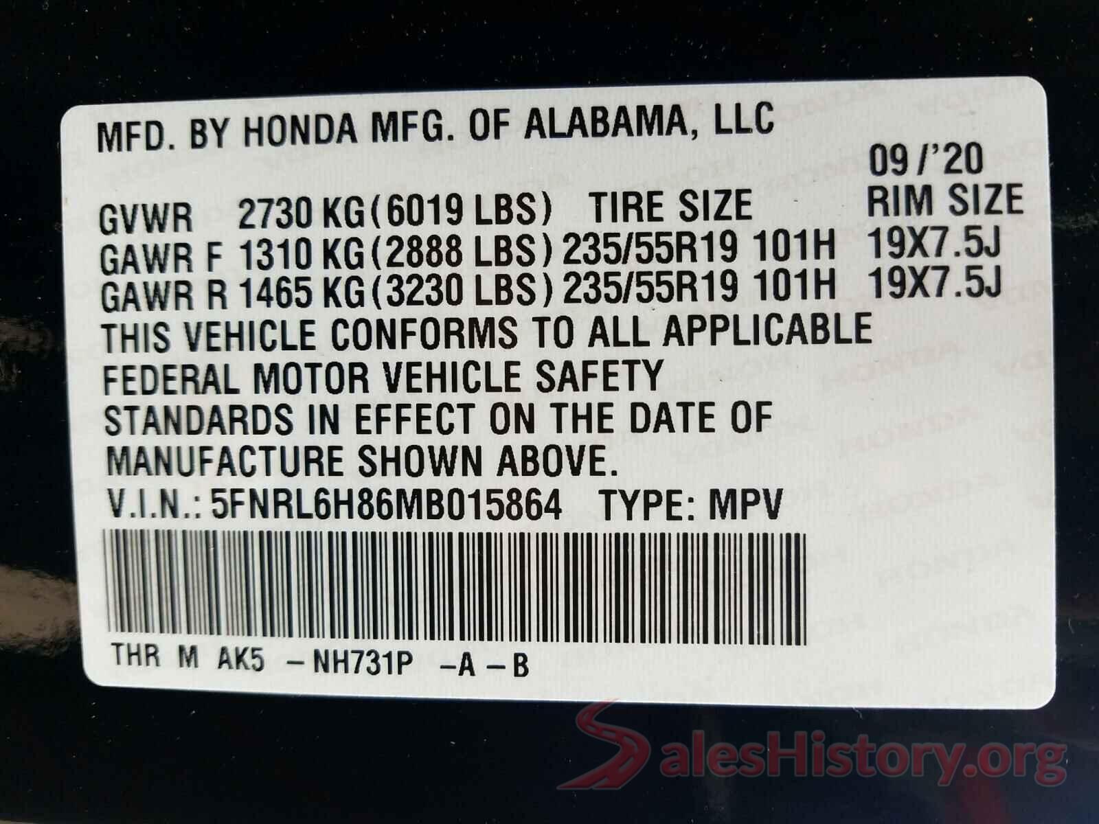 5FNRL6H86MB015864 2021 HONDA ODYSSEY