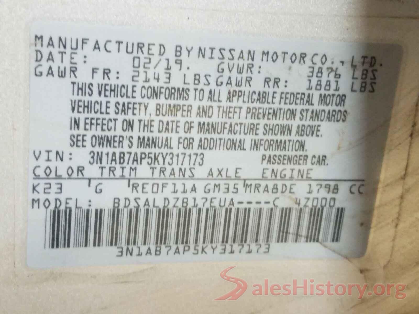 3N1AB7AP5KY317173 2019 NISSAN SENTRA