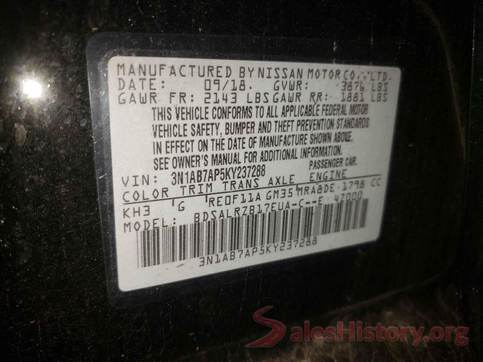 3N1AB7AP5KY237288 2019 NISSAN SENTRA