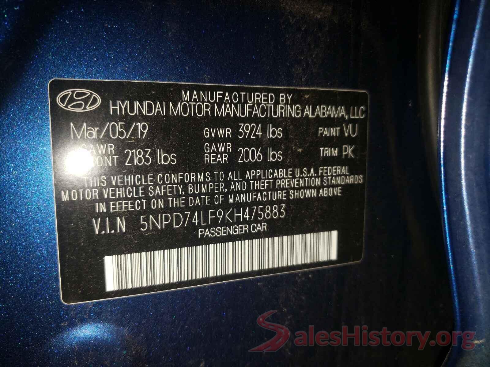 5NPD74LF9KH475883 2019 HYUNDAI ELANTRA