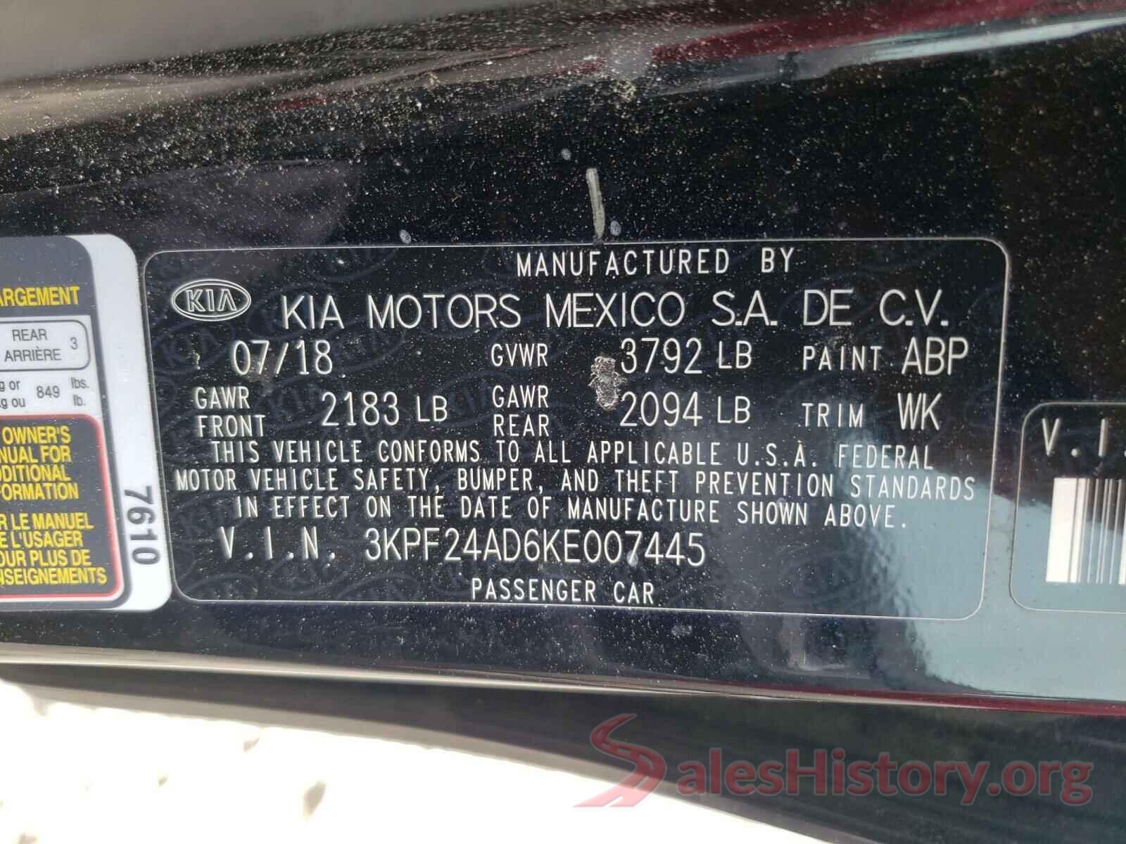 3KPF24AD6KE007445 2019 KIA FORTE