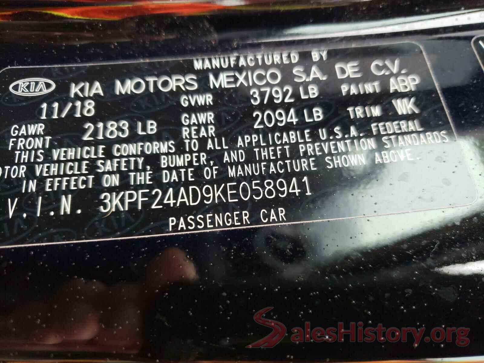 3KPF24AD9KE058941 2019 KIA FORTE