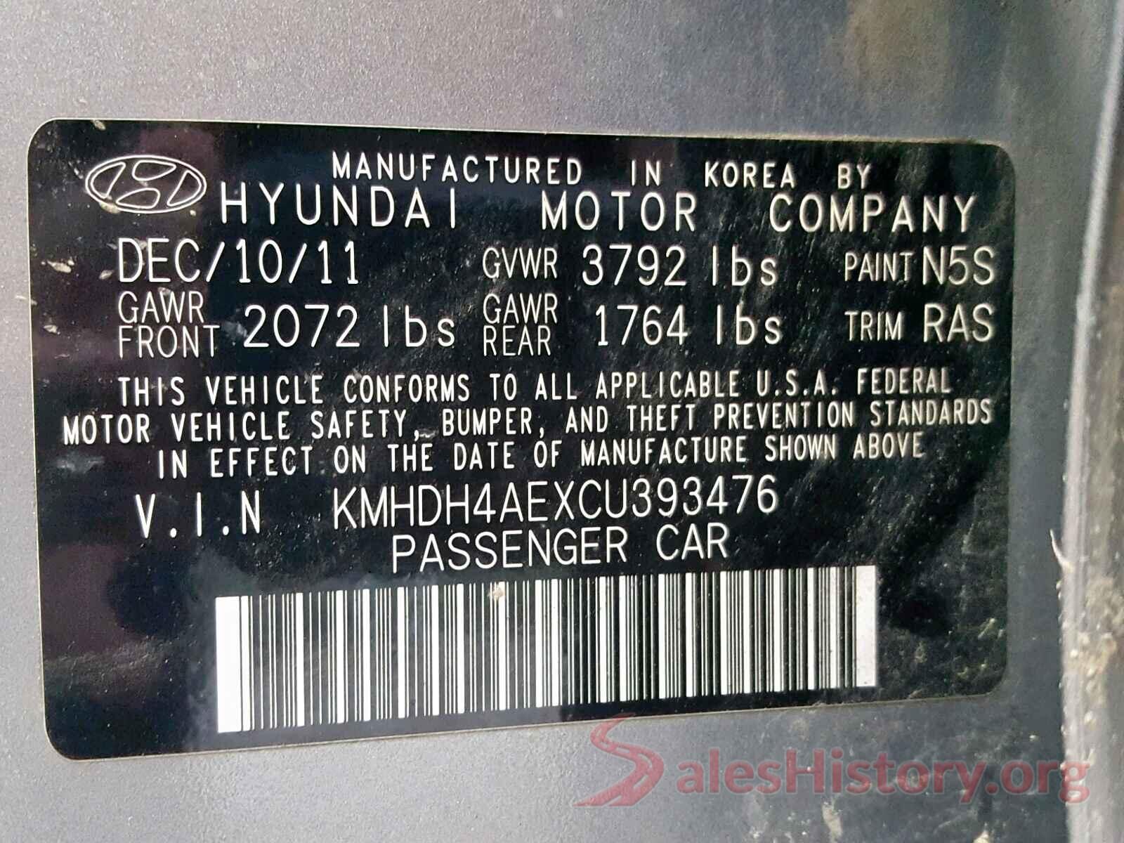 KMHDH4AEXCU393476 2012 HYUNDAI ELANTRA