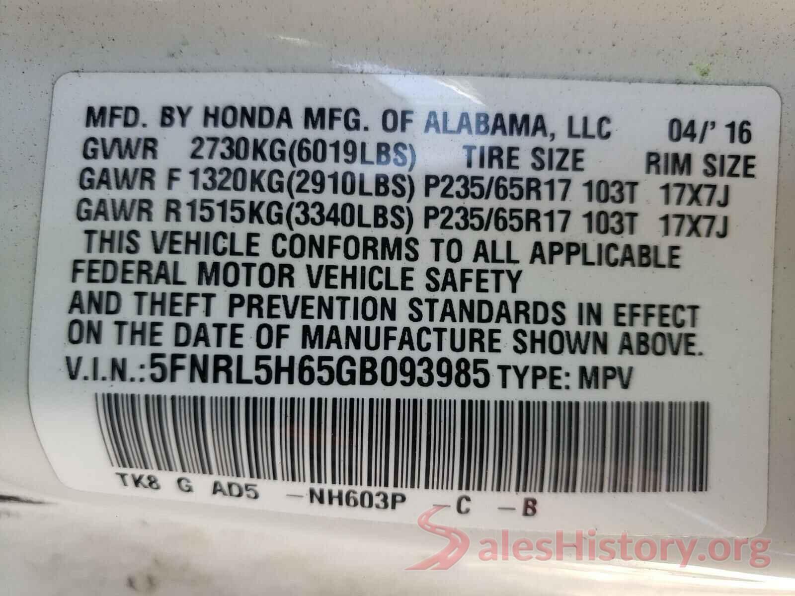 5FNRL5H65GB093985 2016 HONDA ODYSSEY