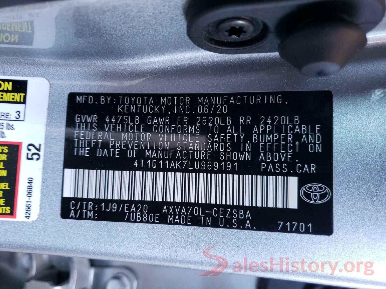 4T1G11AK7LU969191 2020 TOYOTA CAMRY