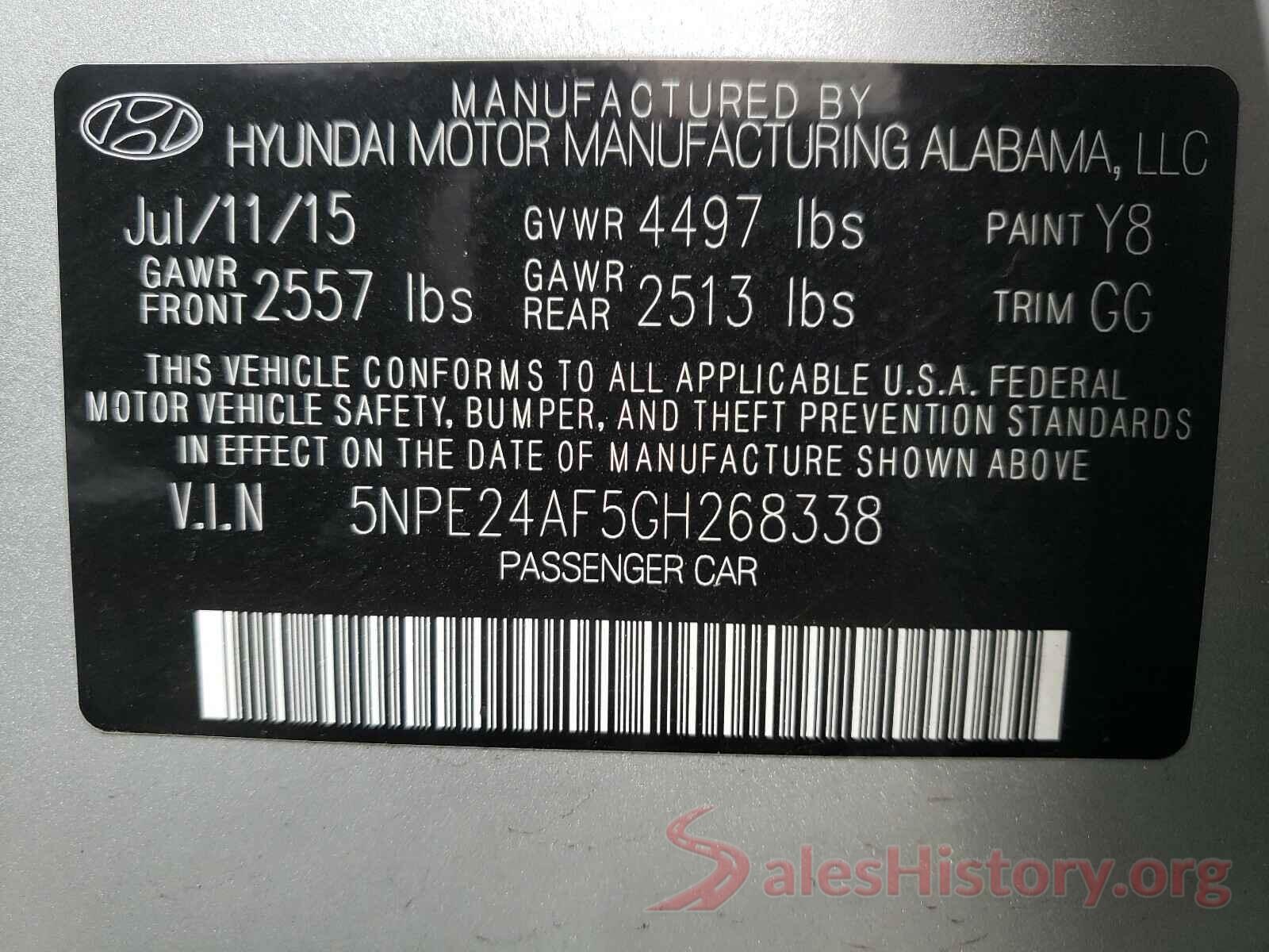 5NPE24AF5GH268338 2016 HYUNDAI SONATA