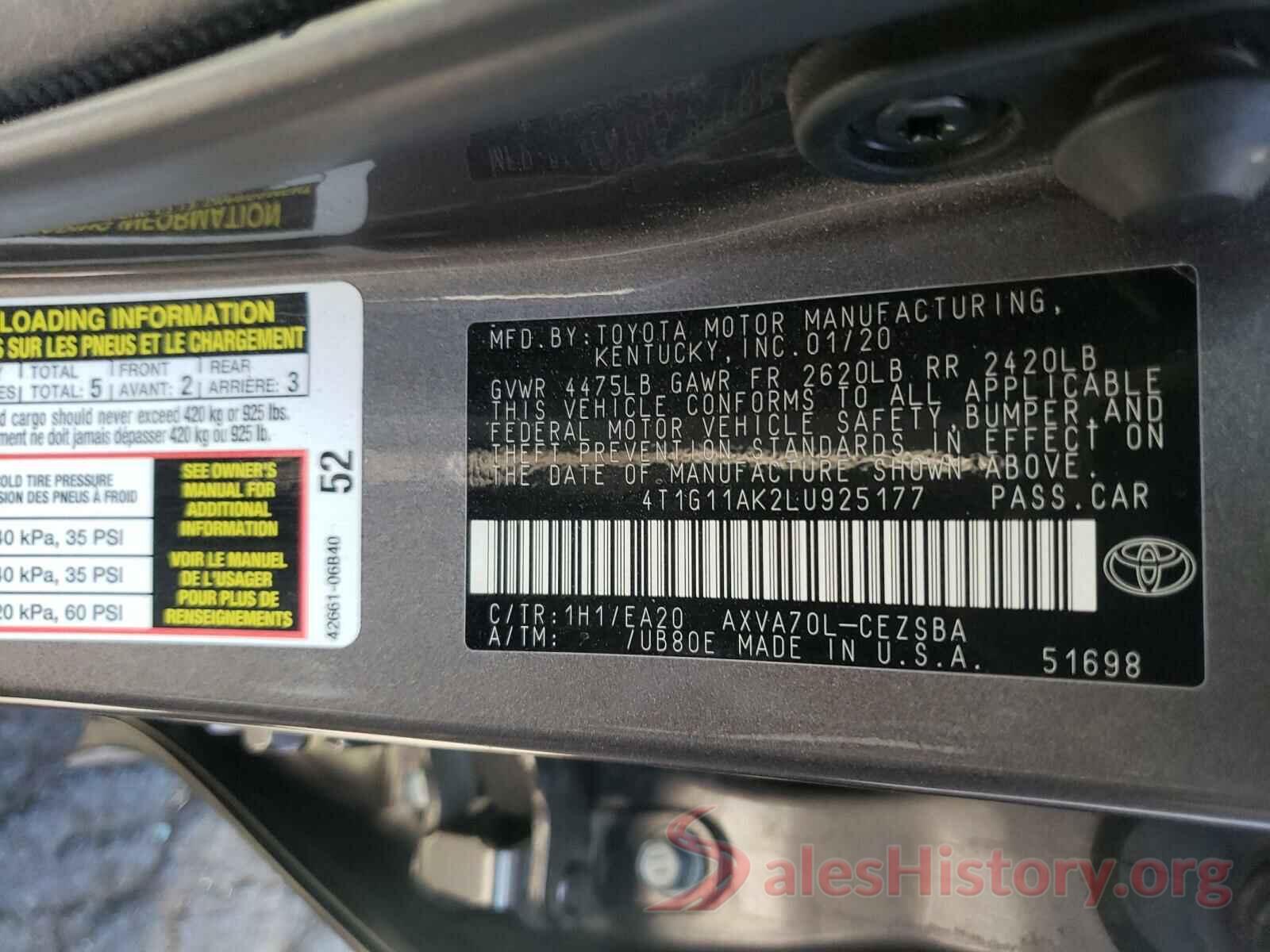 4T1G11AK2LU925177 2020 TOYOTA CAMRY