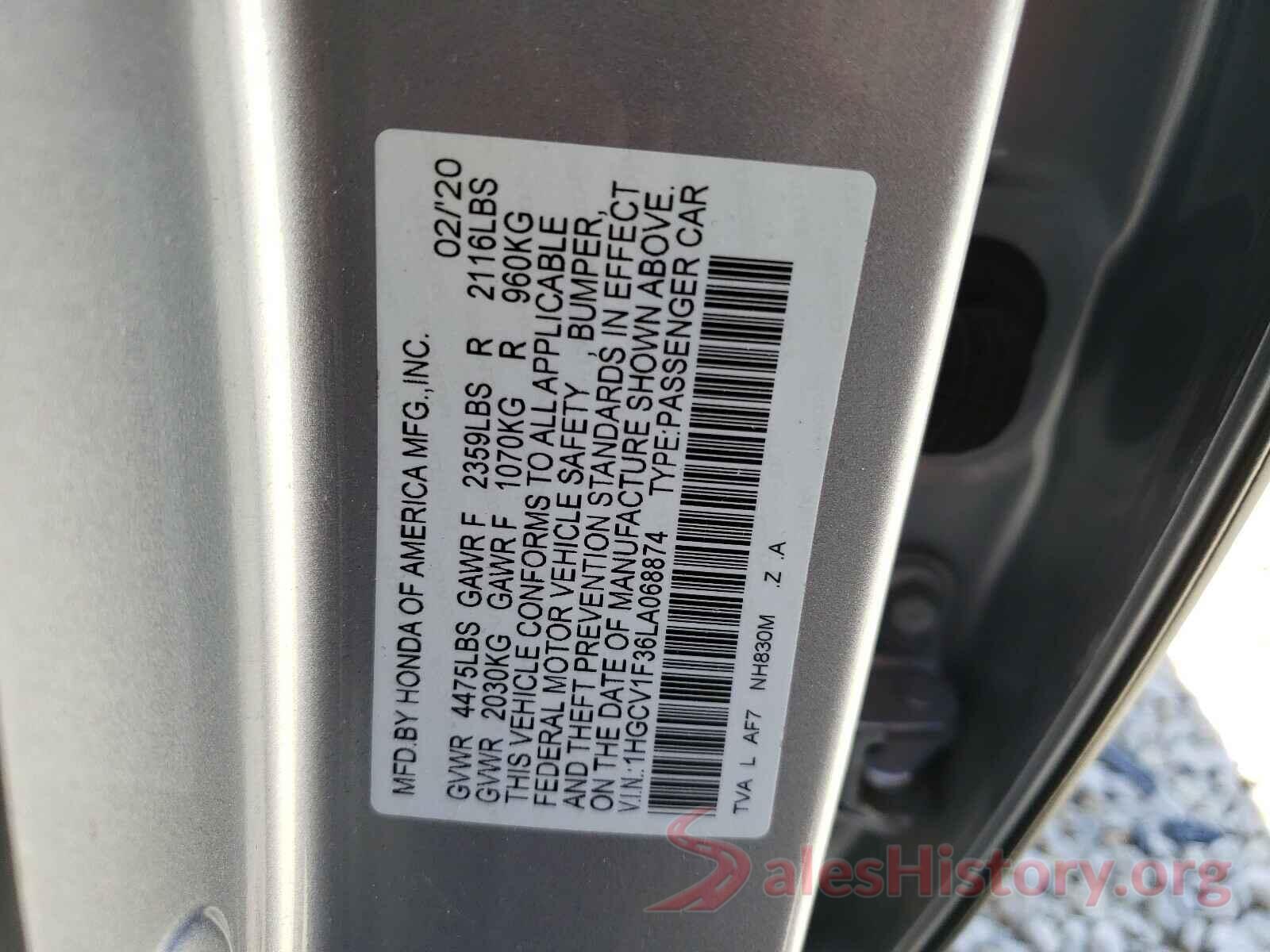 1HGCV1F36LA068874 2020 HONDA ACCORD