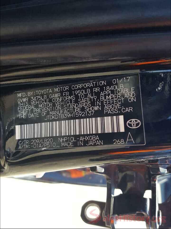 JTDKDTB39H1592137 2017 TOYOTA PRIUS