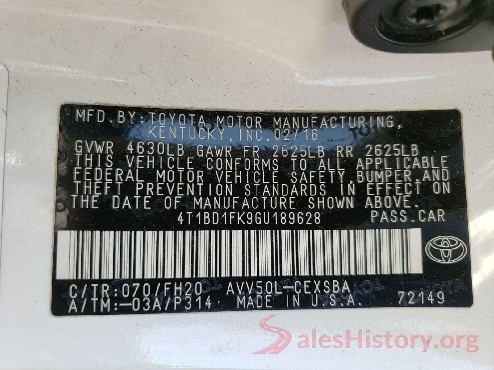 4T1BD1FK9GU189628 2016 TOYOTA CAMRY