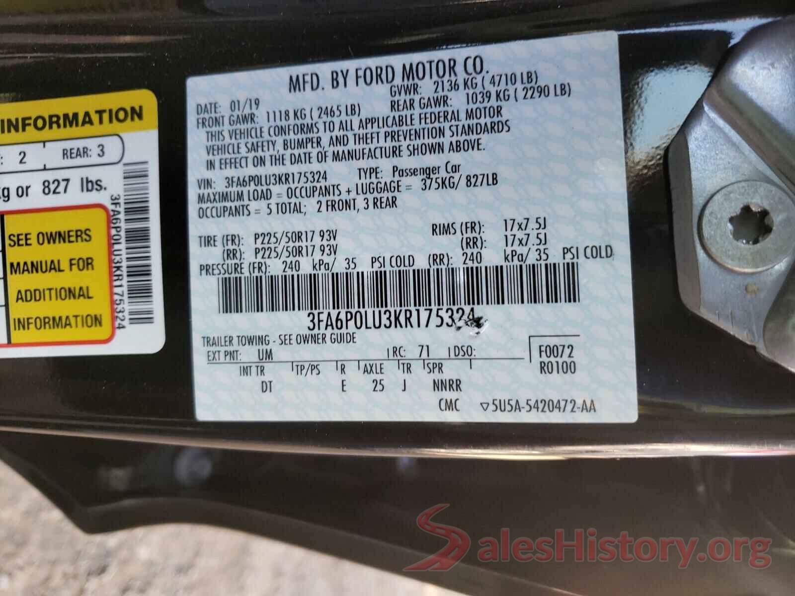 3FA6P0LU3KR175324 2019 FORD FUSION