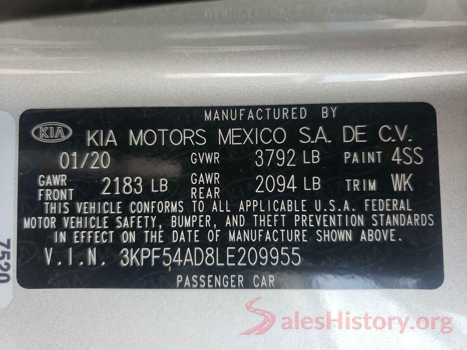 3KPF54AD8LE209955 2020 KIA FORTE