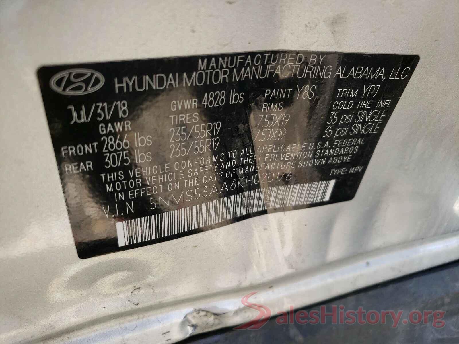 5NMS53AA6KH020176 2019 HYUNDAI SANTA FE