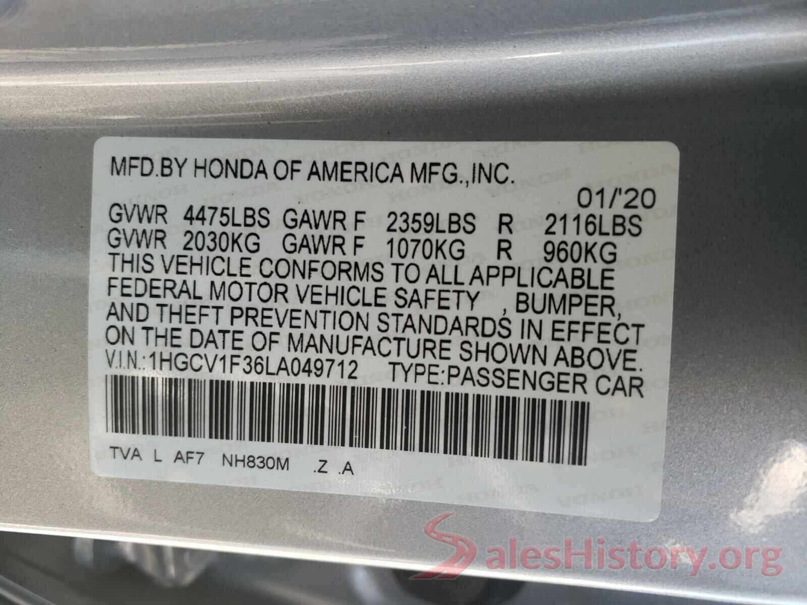 1HGCV1F36LA049712 2020 HONDA ACCORD